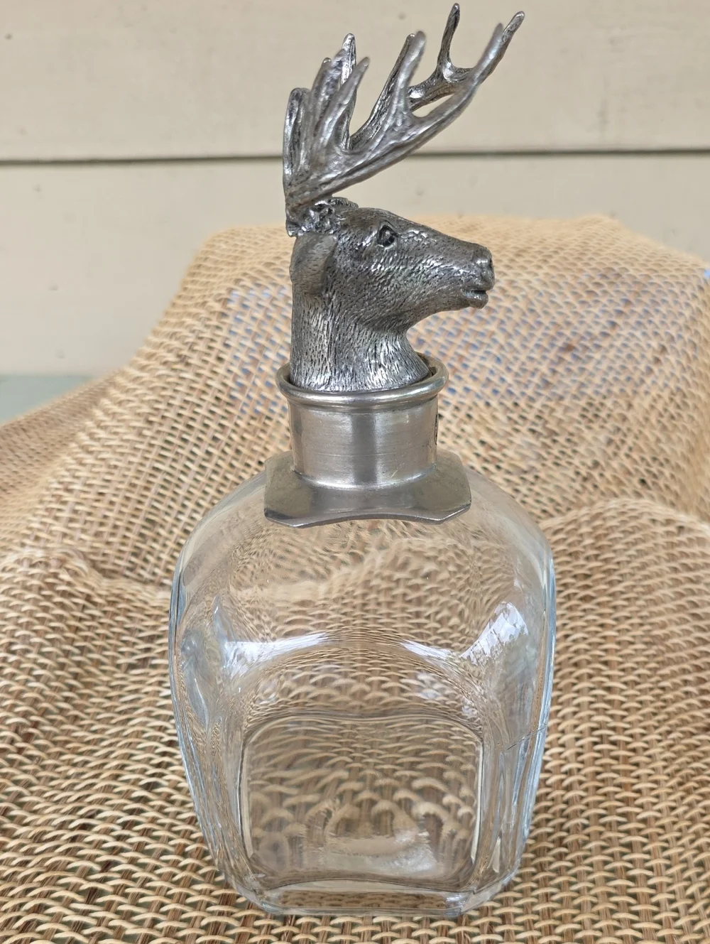 Pottery Barn Figural Stag Deer Head Decanter Blown Glass Pewter